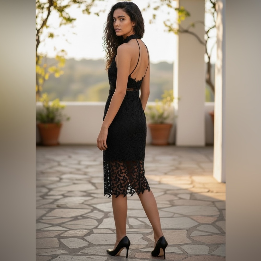 Bardot Black Sequin Sleeveless Mini Halter Dress with Lace & Open Back Small 4 - Picture 3 of 11